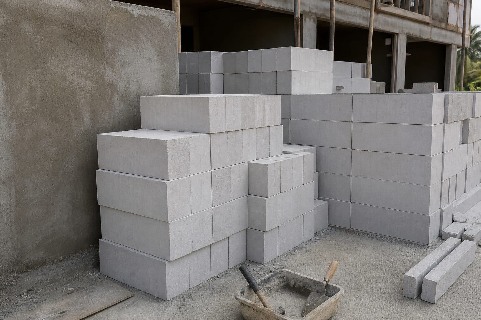 Wire-cut bricks and AAC blocks stacked on an Arsa construction site