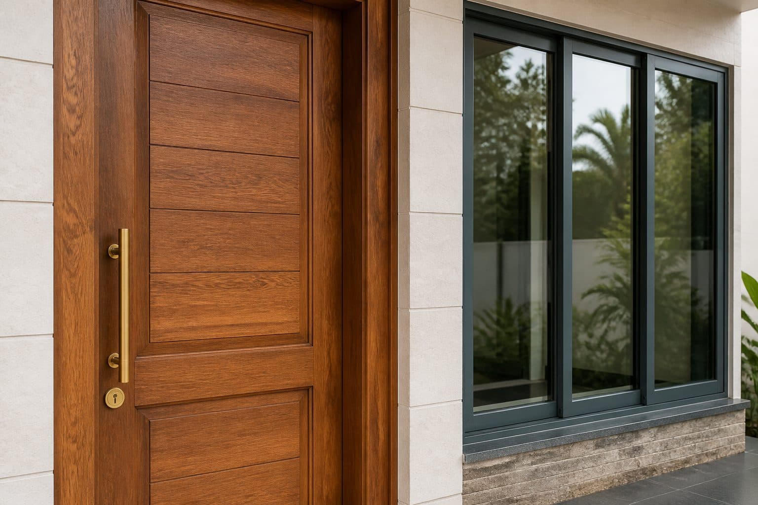 Teak main door and aluminium window detail on a contemporary bungalow