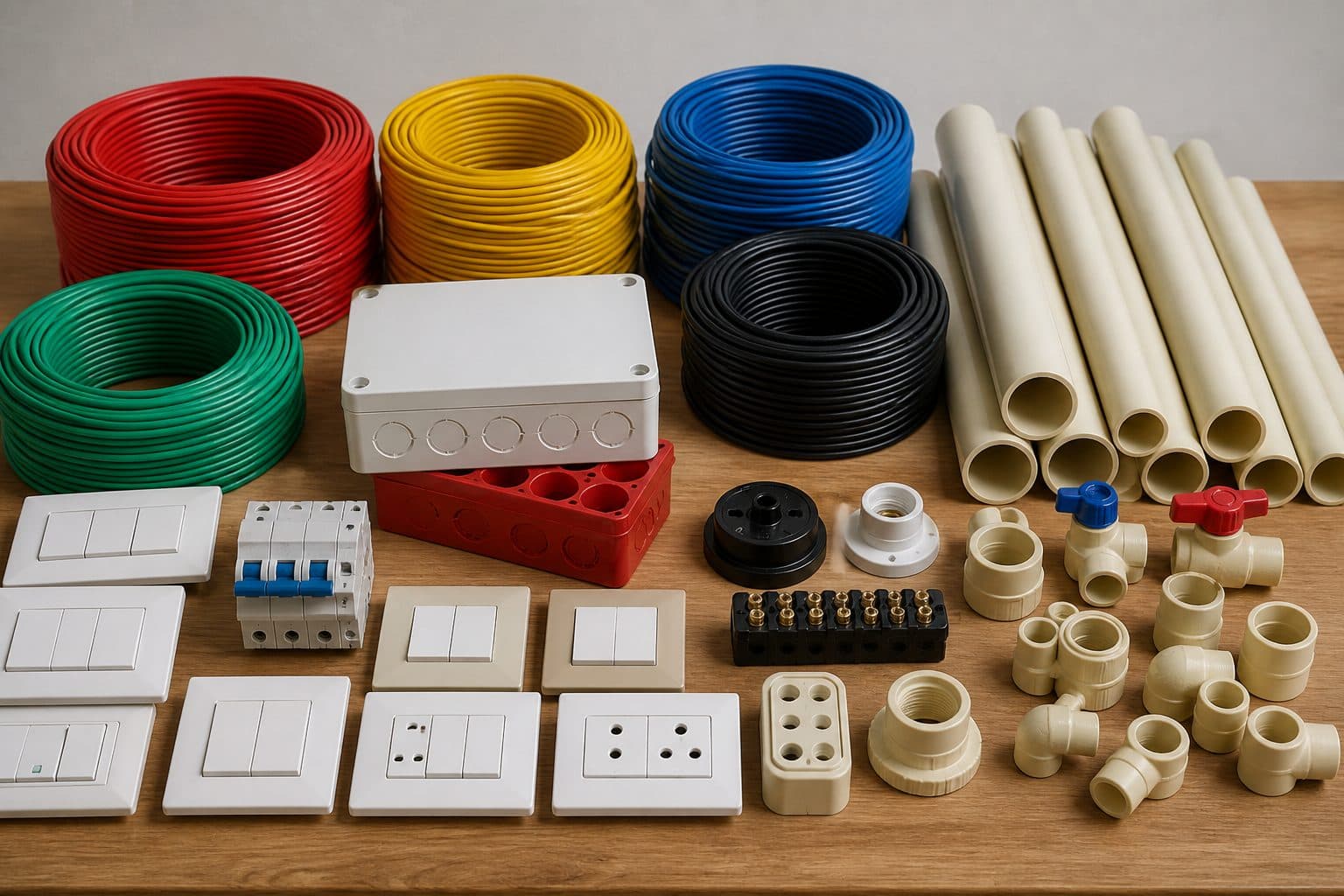 Copper wiring coils and CPVC plumbing materials prepared for concealed work