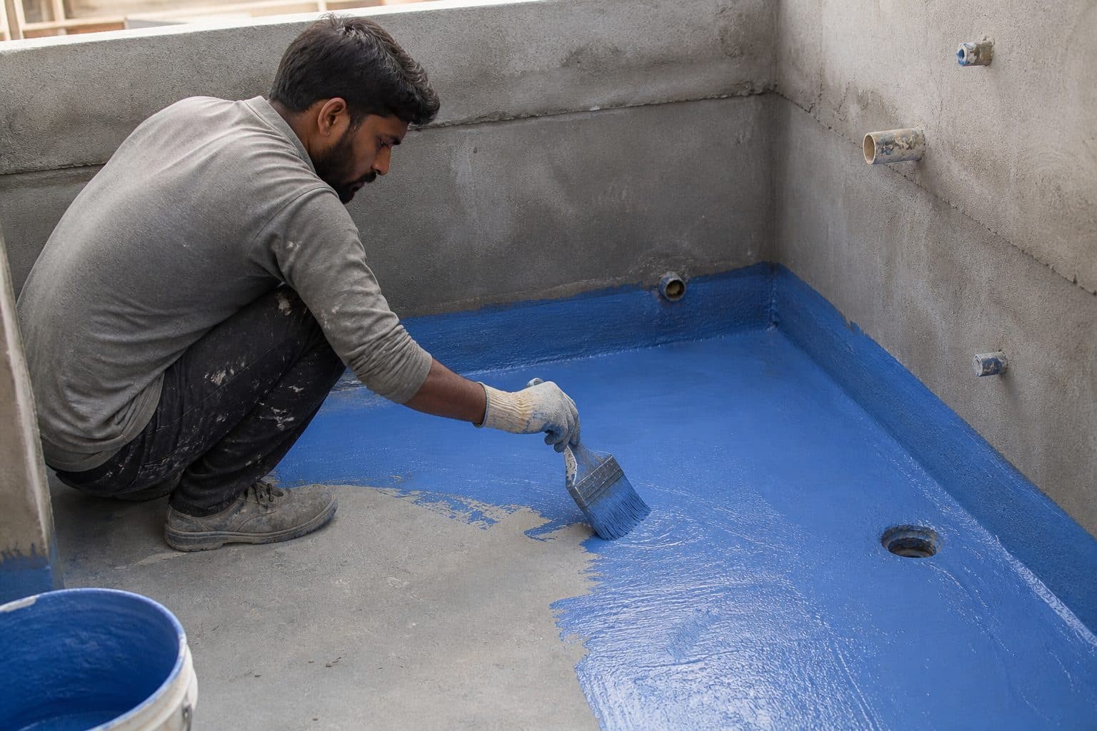 Acrylic polymer waterproofing coat applied on a wet-area terrace